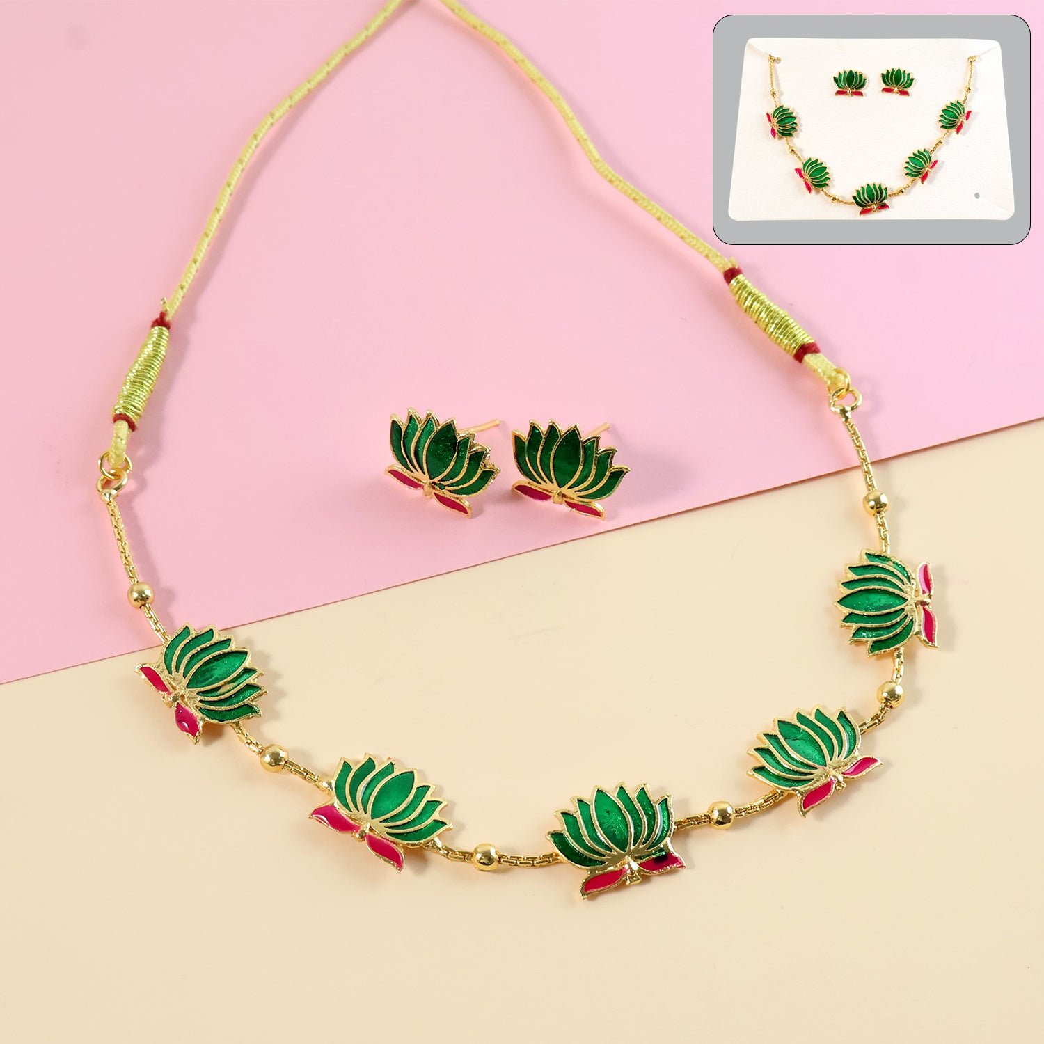 traditional green & lotus motif jewellery set