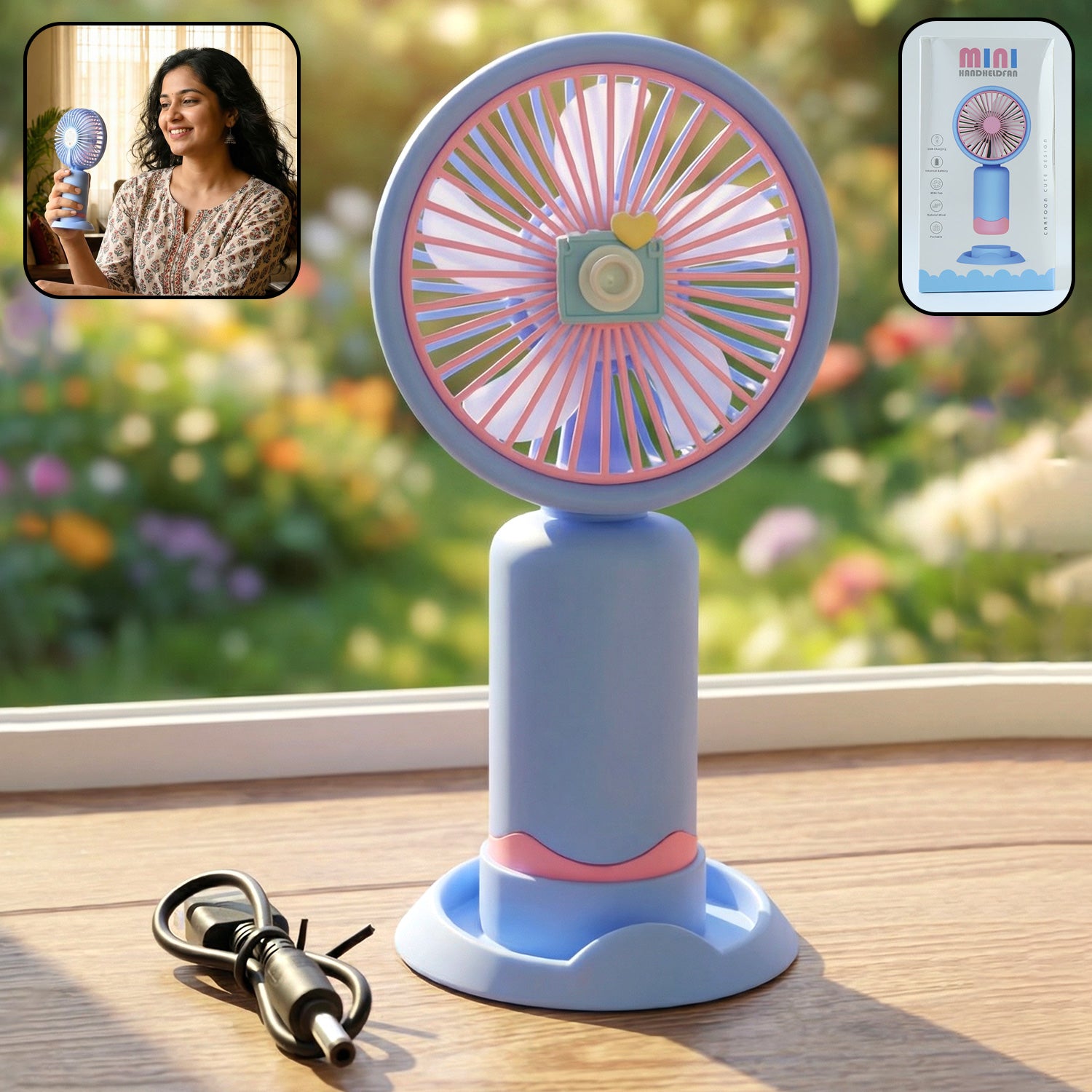 dual use rechargeable mini handheld & table fan (1 pc)