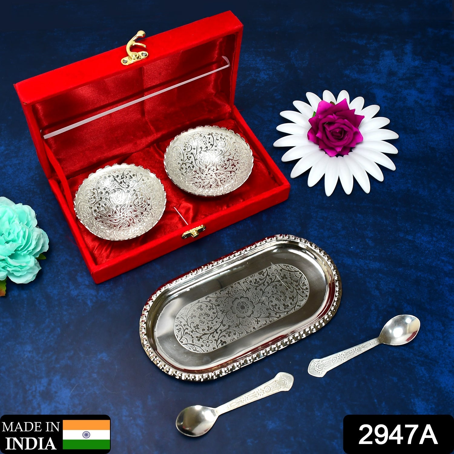 silver plated brass bowl & spoon set with velvet gift box