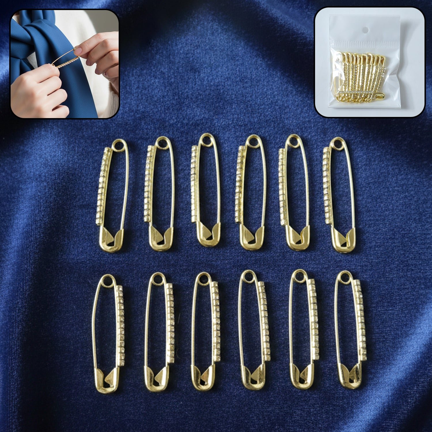 decorative golden safety pin brooch set (12 pc set)