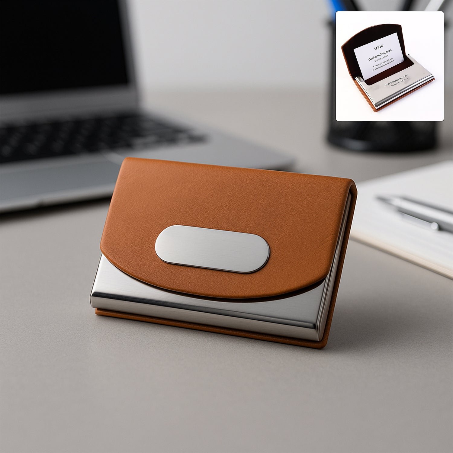 leather & stainless steel business card holder (1 pc)