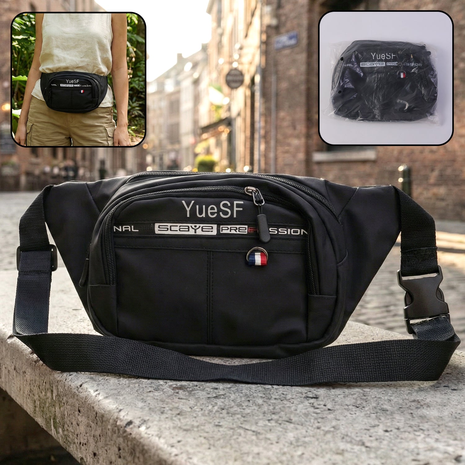 stylish multi pocket black waist bag / fanny pack (1 pc / mix design)