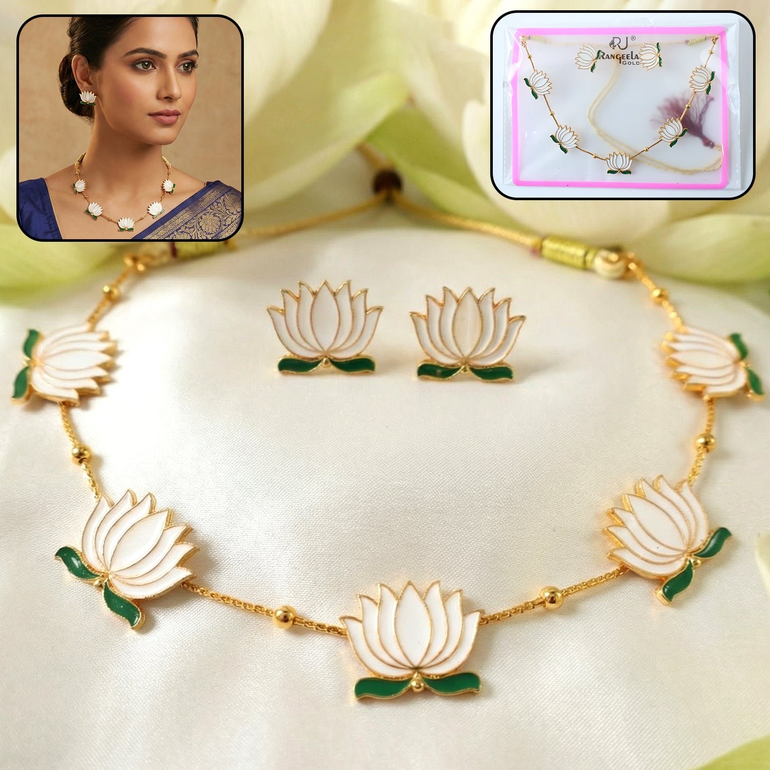 elegant white lotus design necklace with stud earrings set (1 set)