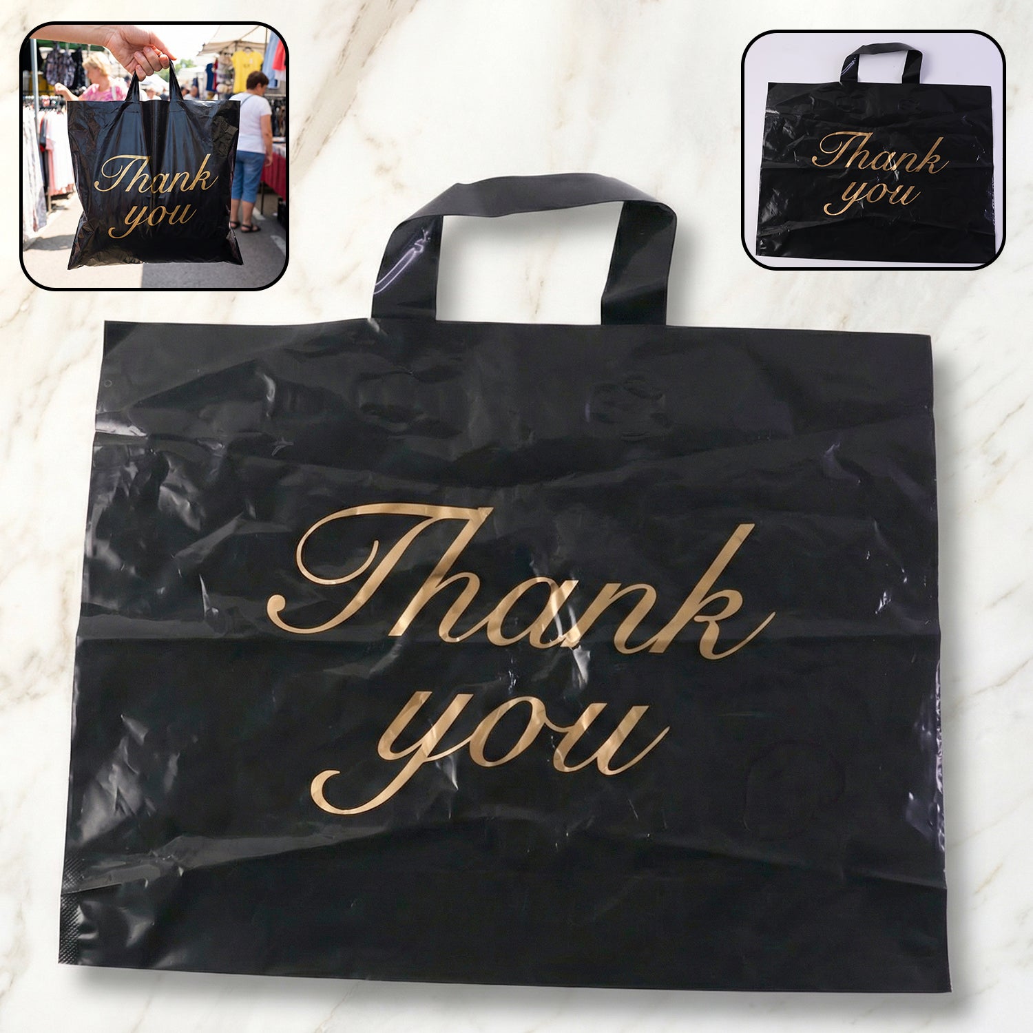 premium black thank you printed plastic carry bag 30 × 39 cm (1 pc)