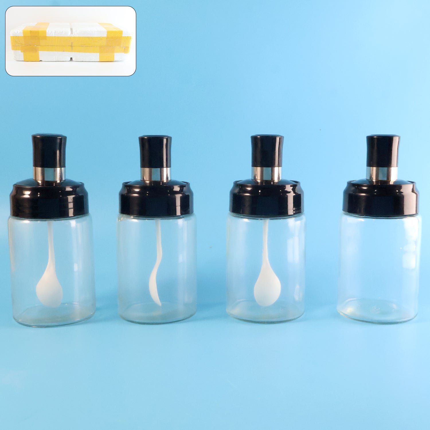 transparent spice jar set with spoon & airtight lid (4 pc)