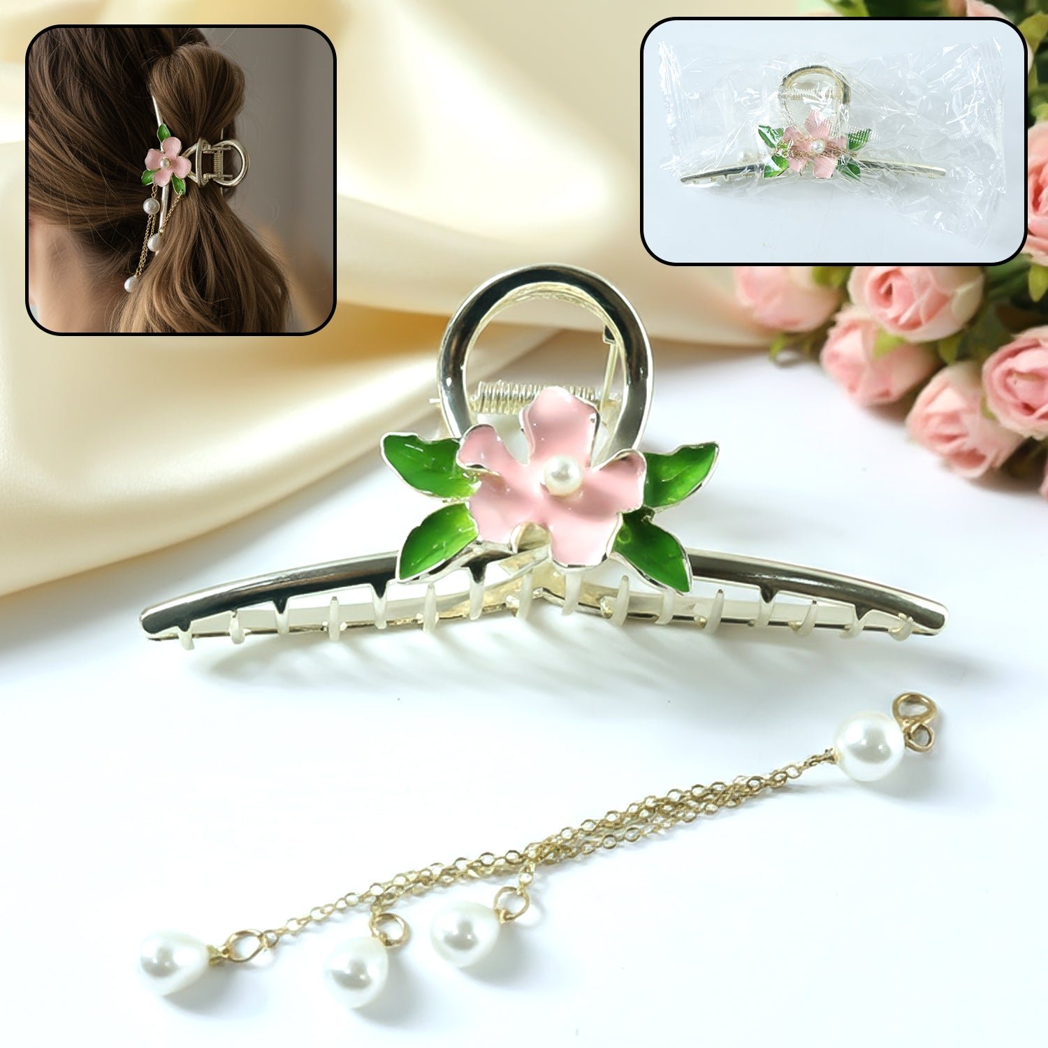 elegant floral pearl chain hair claw clip (1 pc)