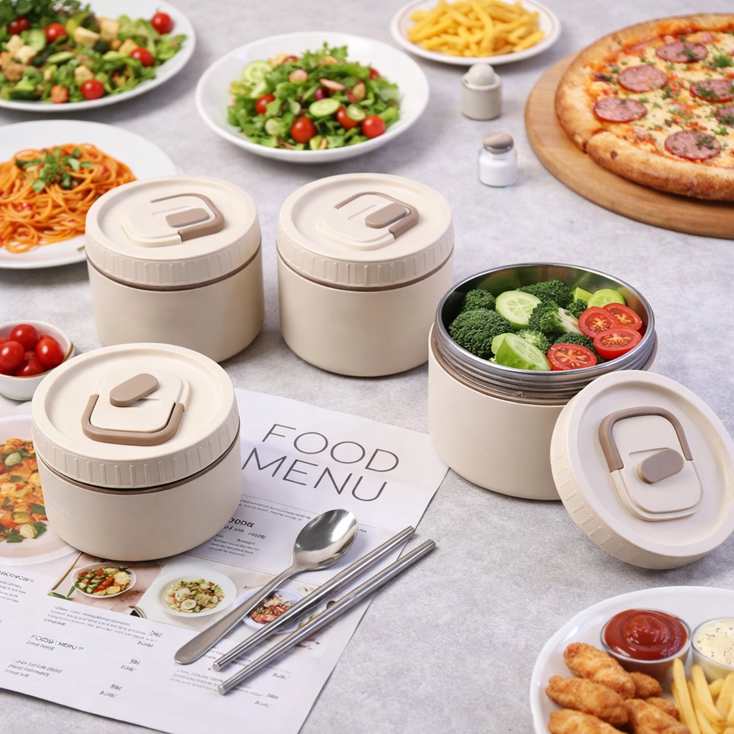 bento style lunch box set with multiple containers & carry bag