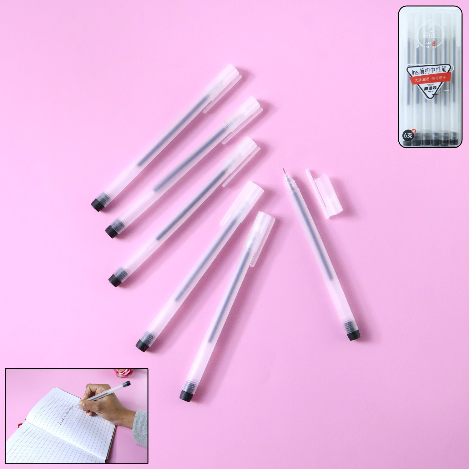 transparent smooth writing black gel pens set of 6 pieces
