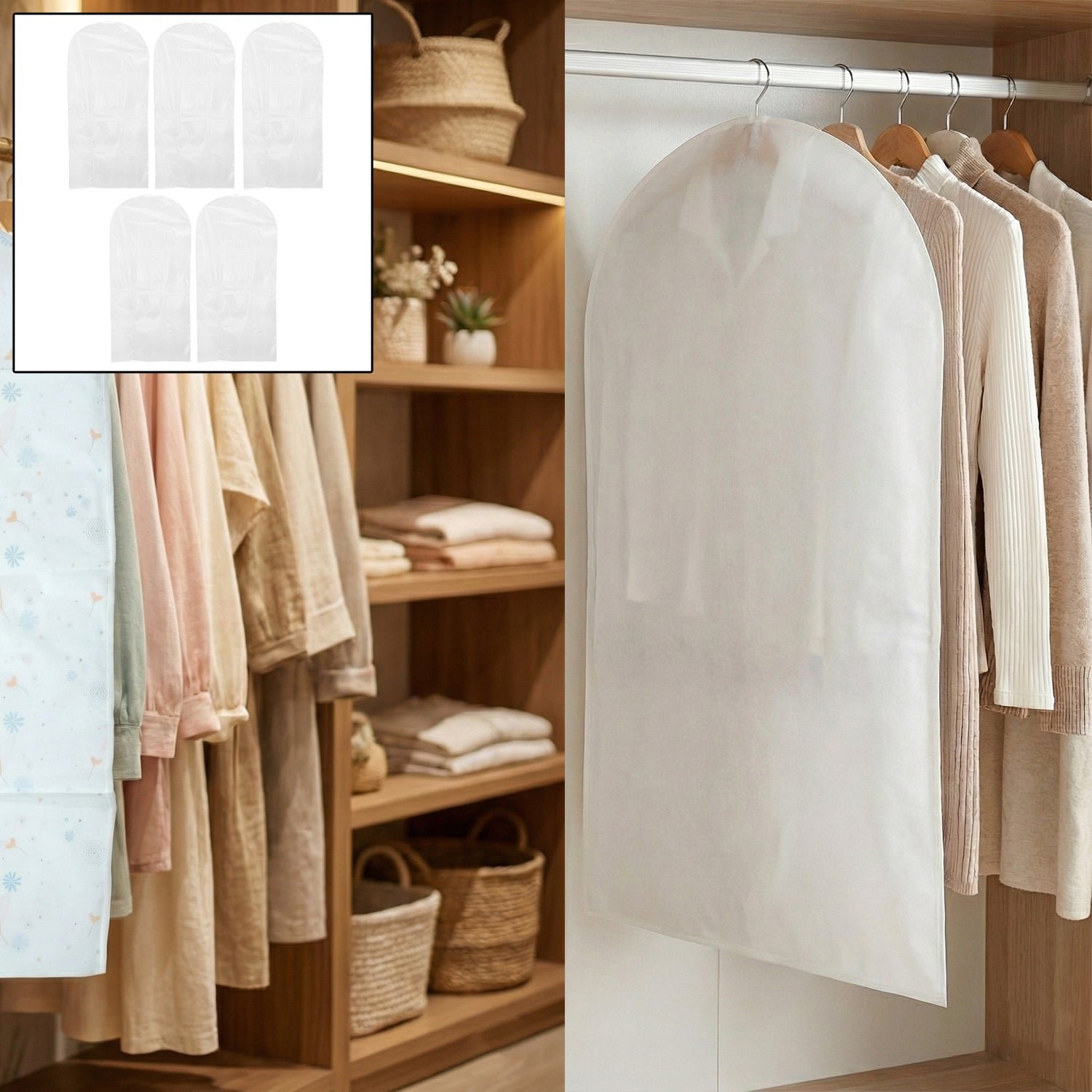 pack of 5 hanging garment cover bags for wardrobe (60 × 120 cm)