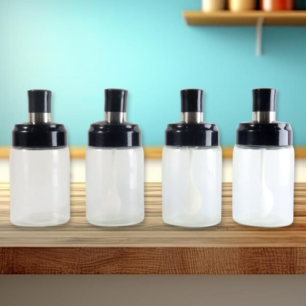 transparent spice jar set with spoon & airtight lid (4 pc)