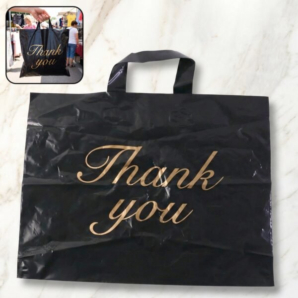 large black thank you printed plastic carry bag (34 × 44 cm, 1 pc)