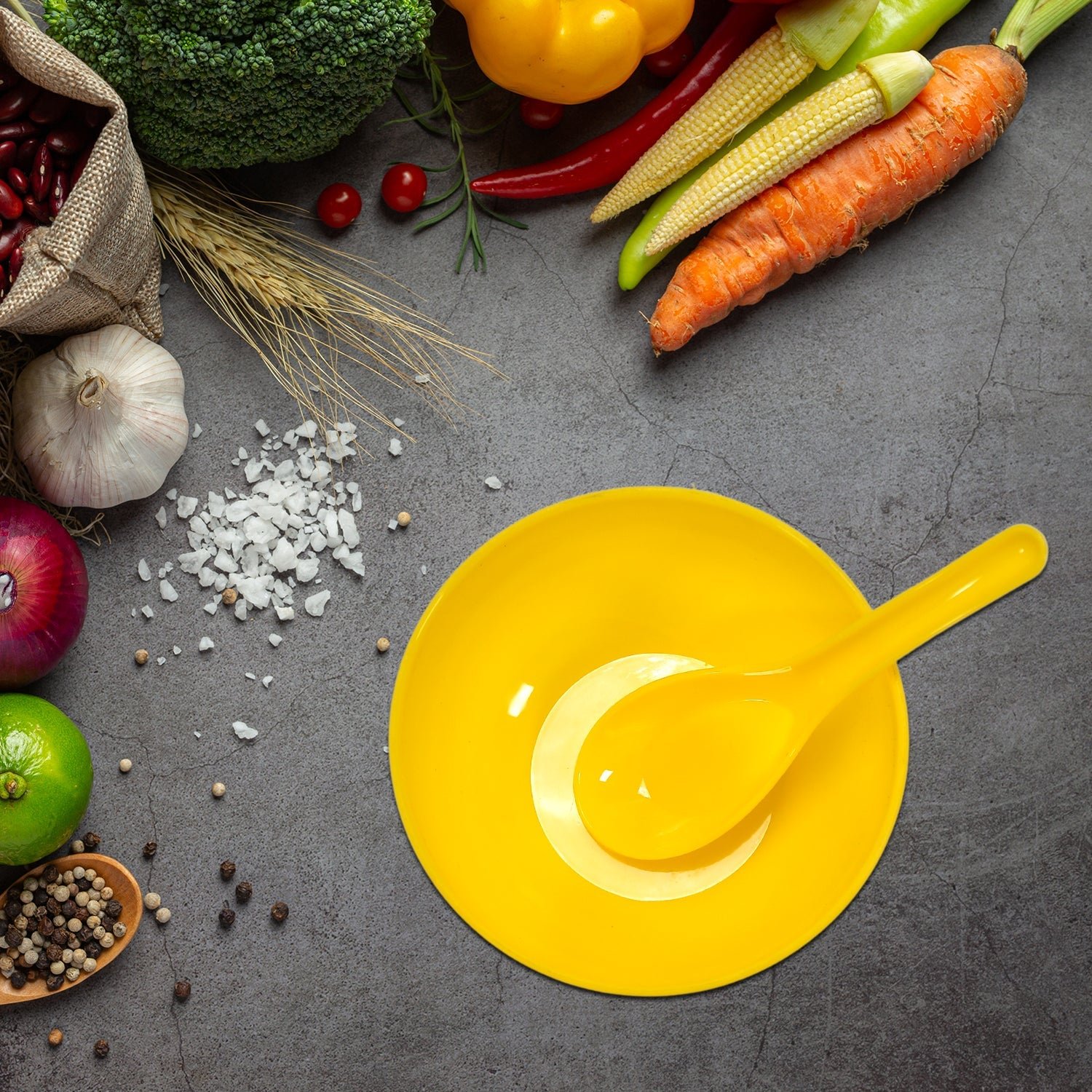 plastic soup bowl & spoon set for kitchen (6 pcs)