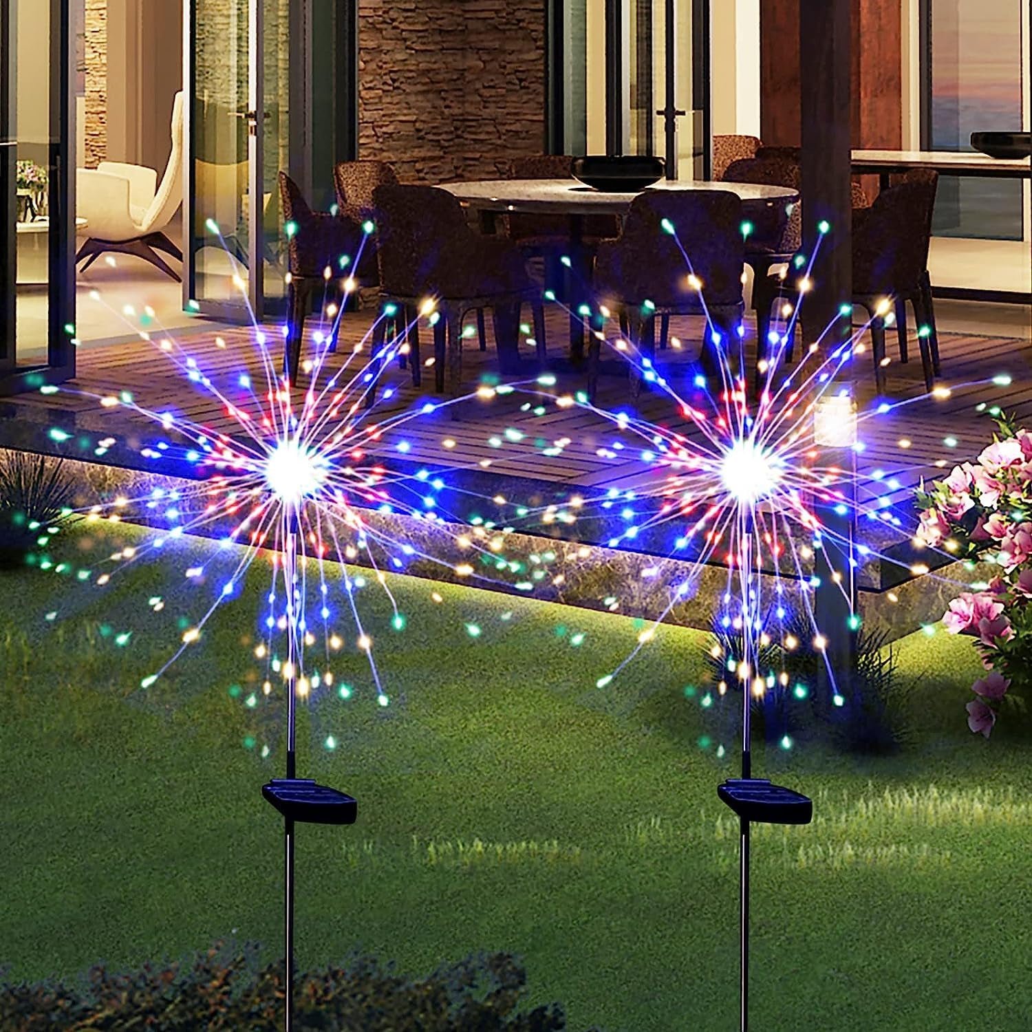 solar powered multicolor starburst firework garden light set (2 pc / 150 led)