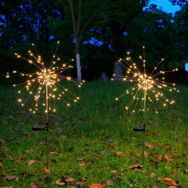 solar powered warm white starburst firework garden light set (2 pc / 120 led)