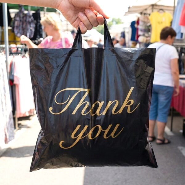 large black thank you printed plastic carry bag (34 Ã— 44 cm, 1 pc)
