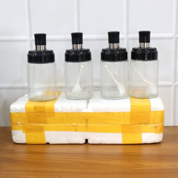 transparent spice jar set with spoon & airtight lid (4 pc)