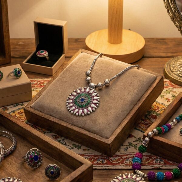 oxidized silver finish traditional round mandala pendant necklace (1 pc) oxidized silver finish traditional round mandala pendant necklace (1 pc)