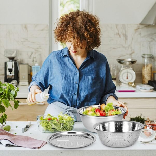 3 in 1 stainless steel mixing, straining & grater bowl set