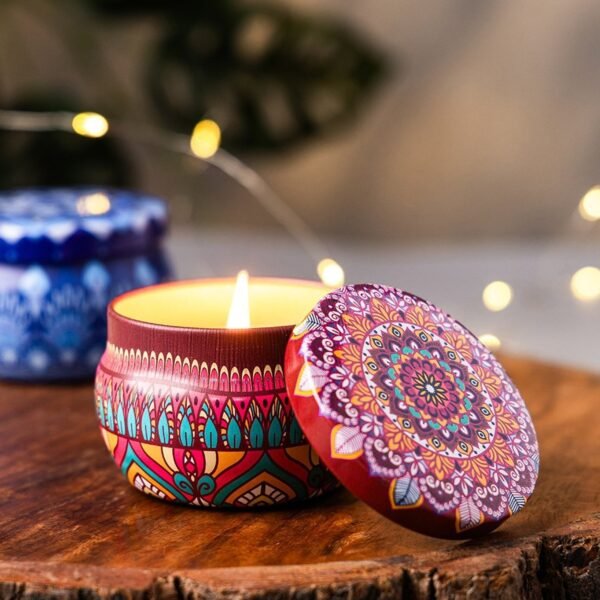 premium decorative mandala printed metal candle container (4 pc)