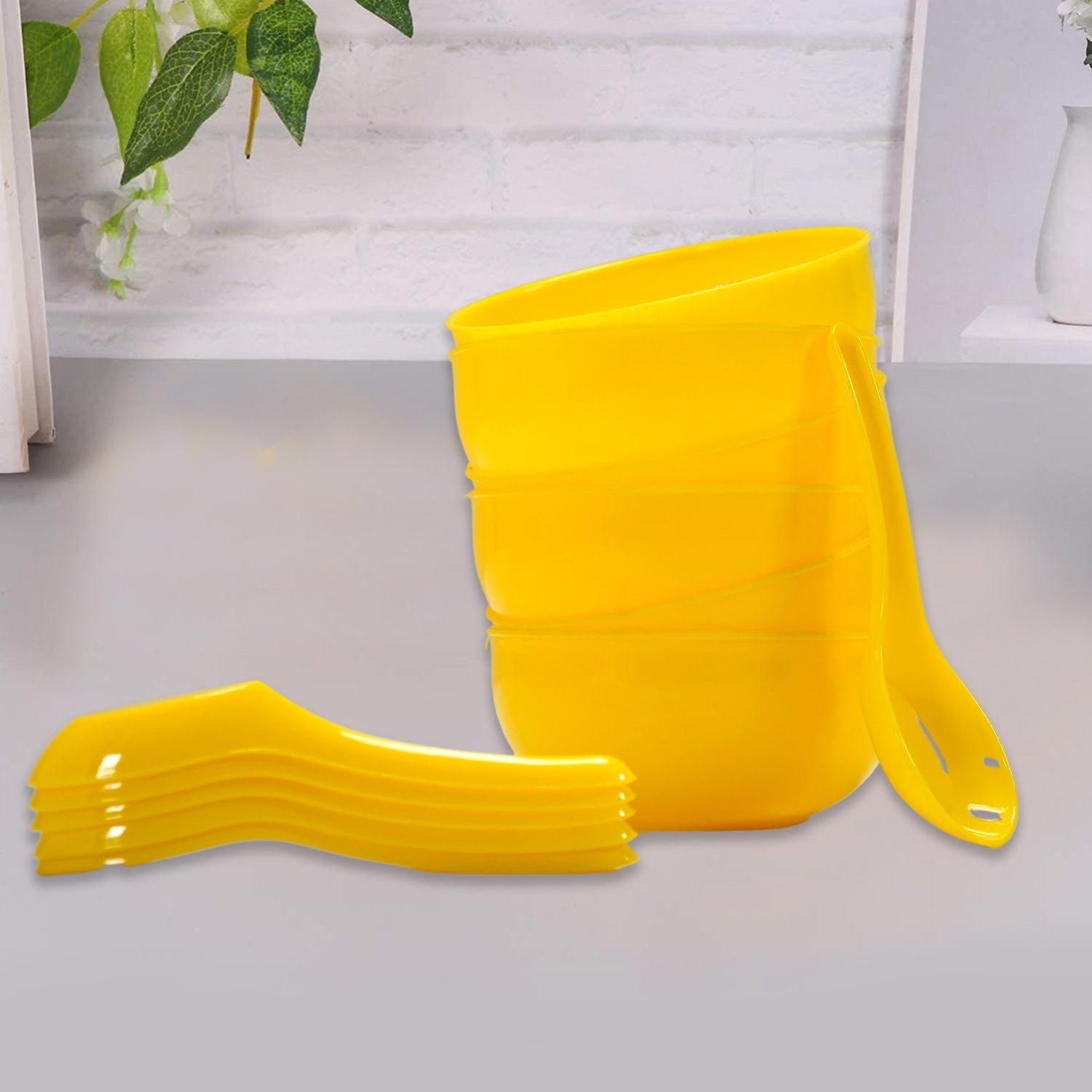 plastic soup bowl & spoon set for kitchen (6 pcs)
