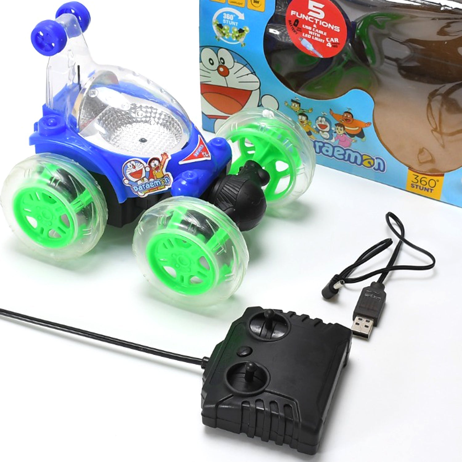 rechargeable 360Â° stunt remote control car with 3d lights & music for kids