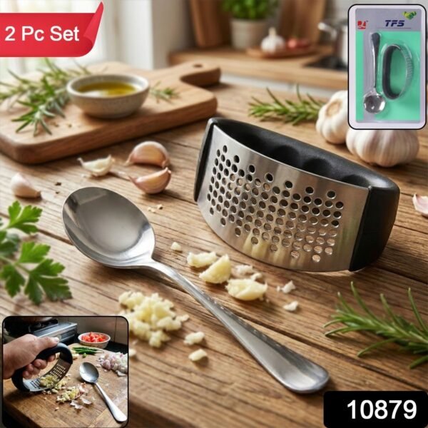 heavy duty garlic press tool with spoon set (2 pc set)