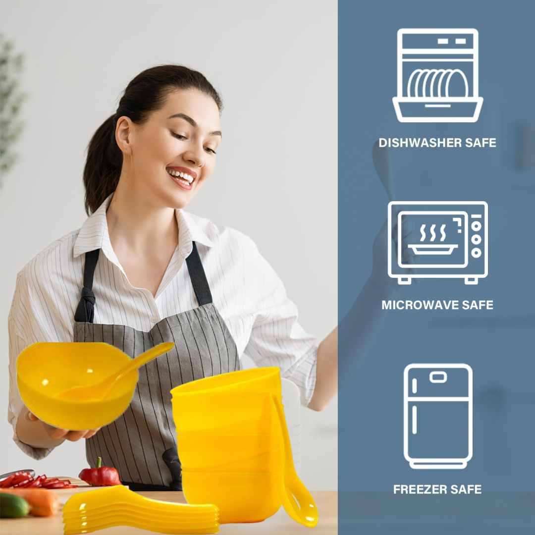 plastic soup bowl & spoon set for kitchen (6 pcs)