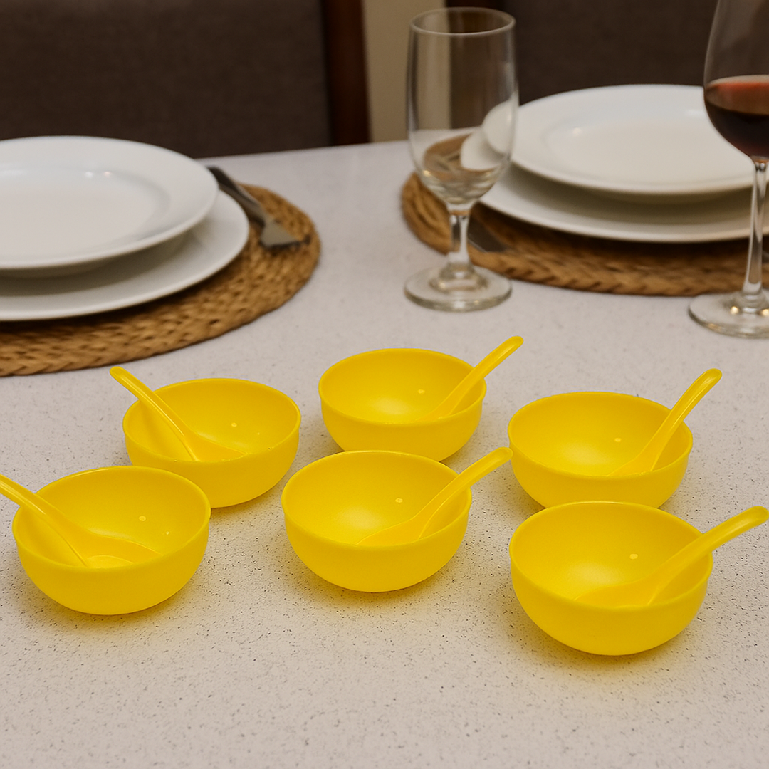 plastic soup bowl & spoon set for kitchen (6 pcs)