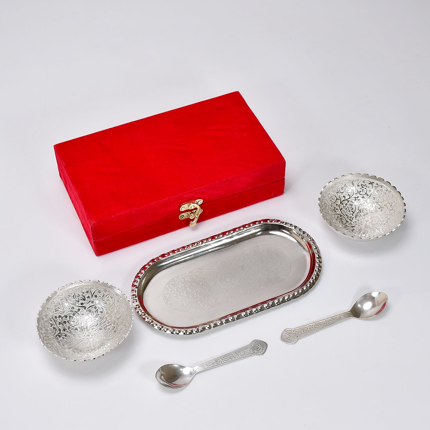 silver plated brass bowl & spoon set with velvet gift box