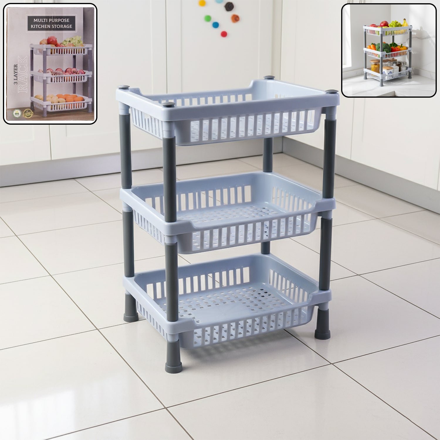 3 layer multipurpose kitchen storage basket rack