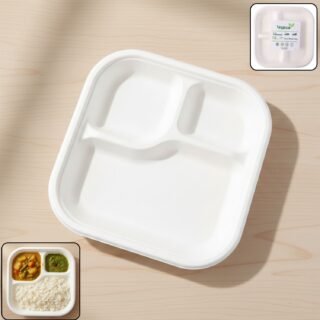 vegnar compostable bagasse 3 compartment square meal plate