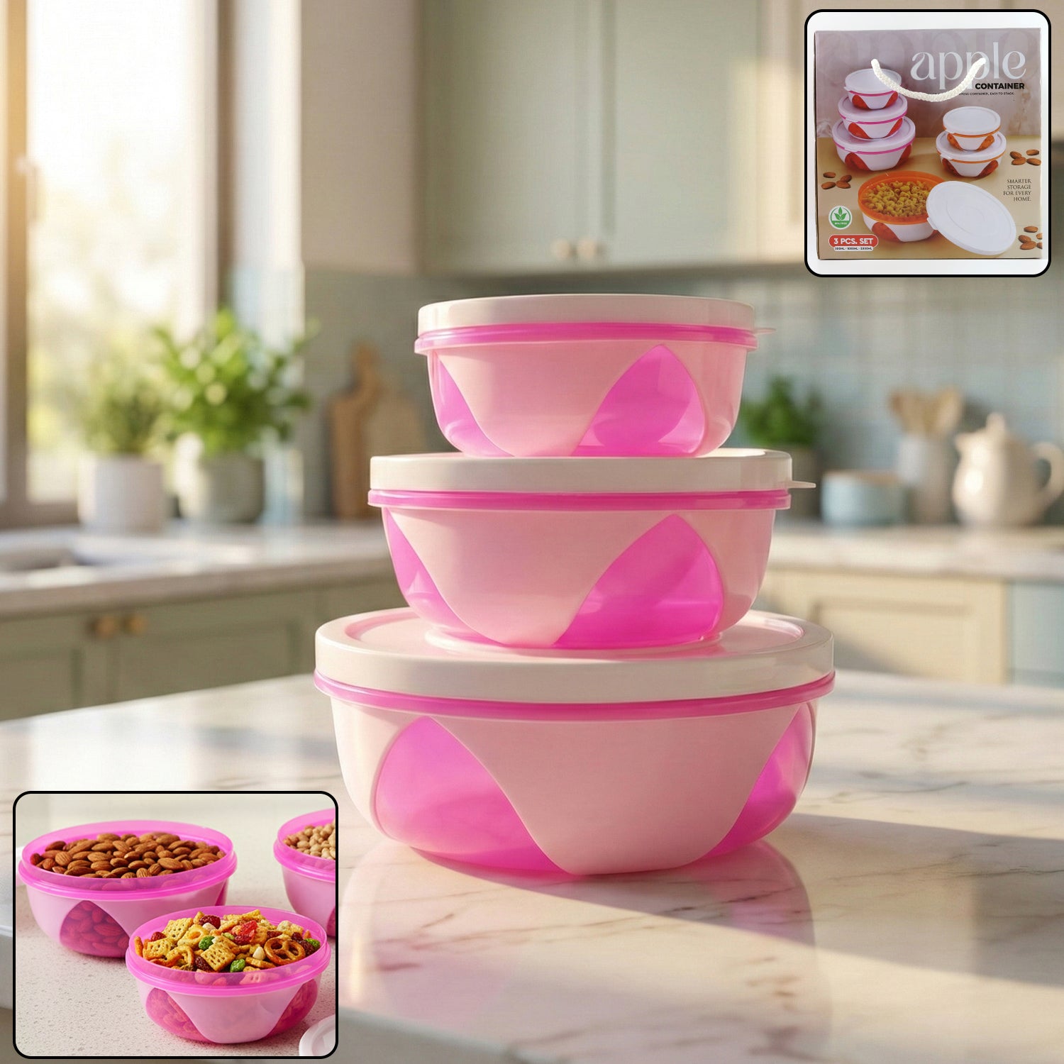 apple set of 3 plastic storage containers (1 pc)