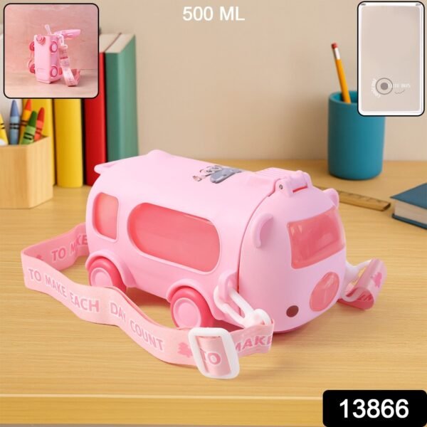 bus shaped kids water bottle with strap â€“ 500ml cute cartoon design with sticker