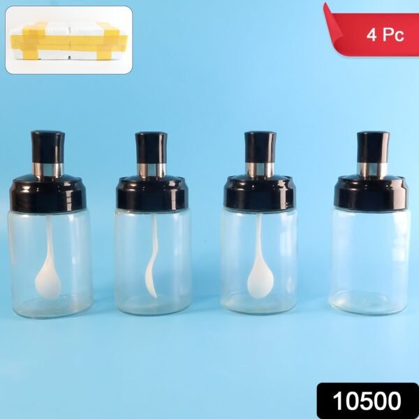 transparent spice jar set with spoon & airtight lid (4 pc)