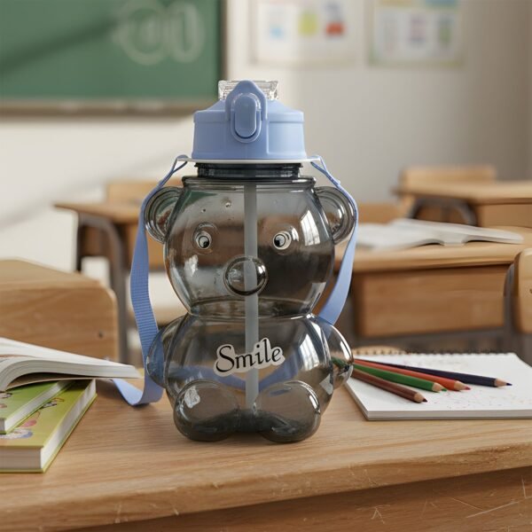 kids cartoon bear water bottle with straw & shoulder strap (1 pc)