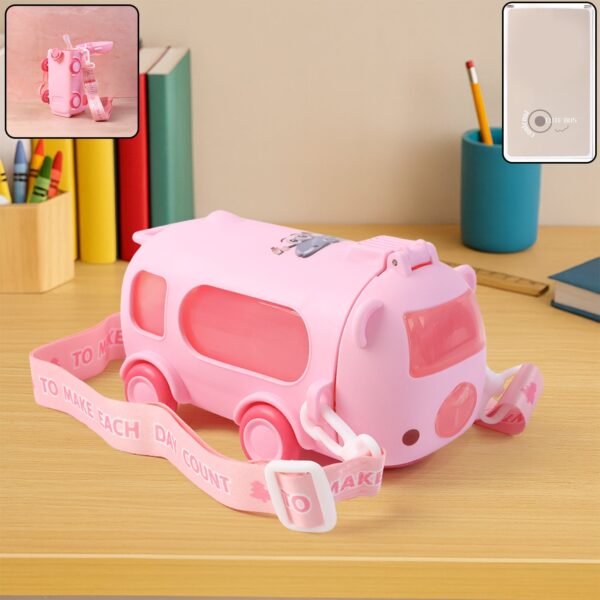 bus shaped kids water bottle with strap â€“ 500ml cute cartoon design with sticker
