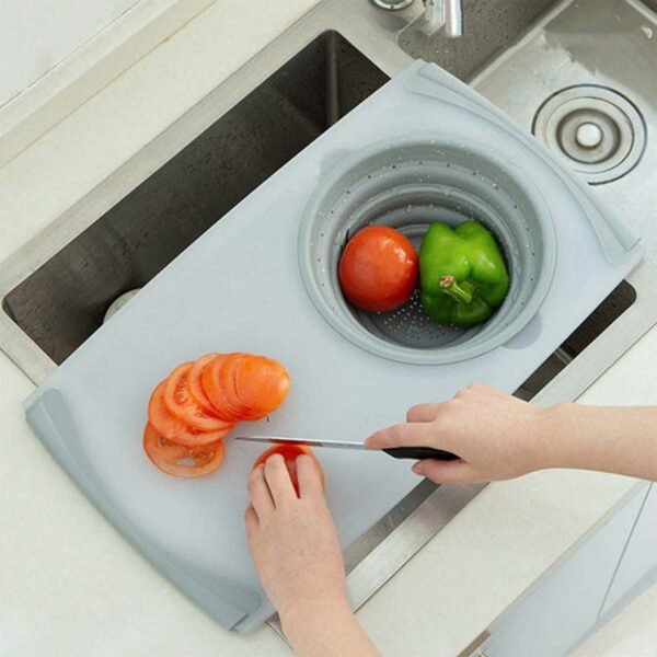2 in 1 over sink cutting board with built in collapsible strainer (50 x 28 cm)