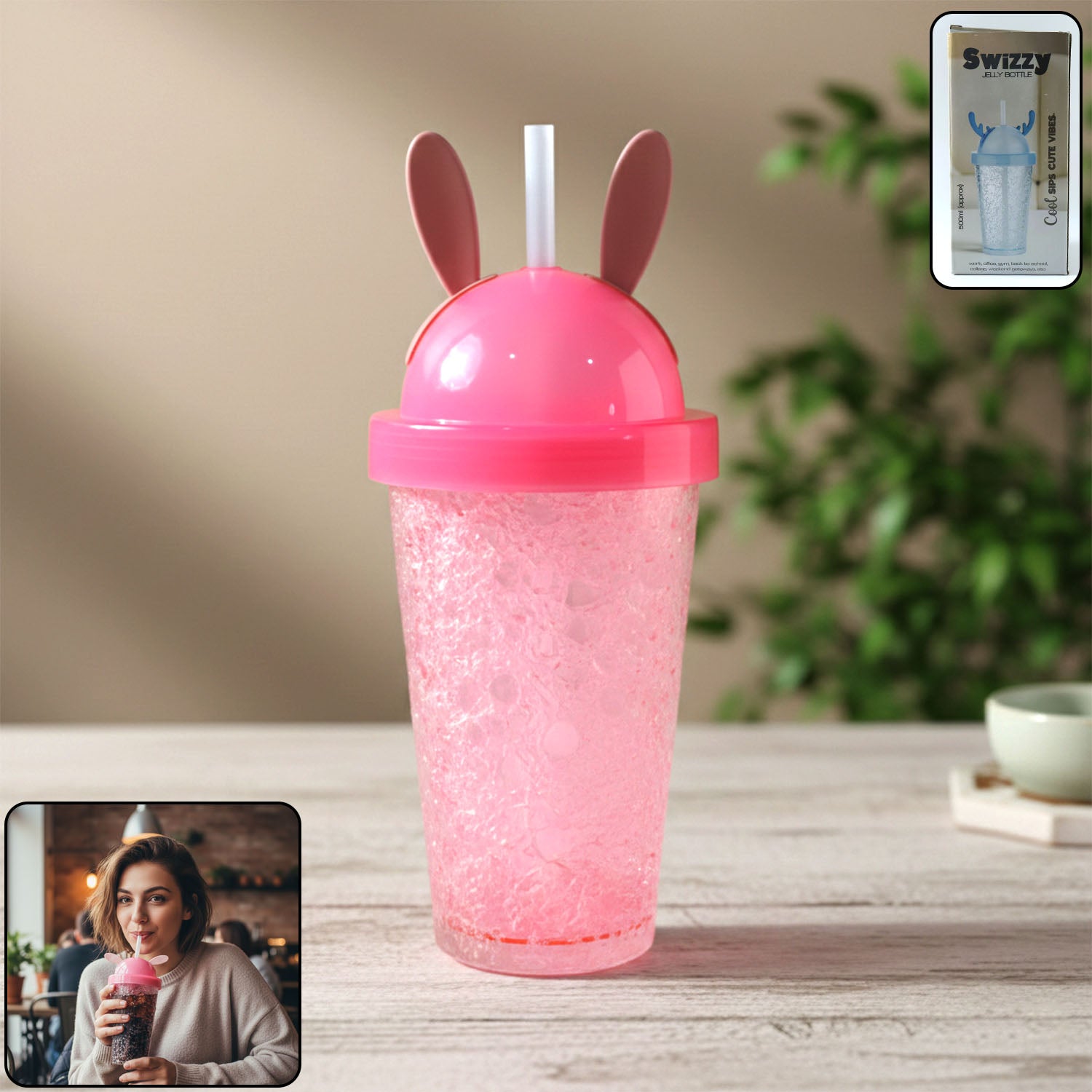 cute bunny ear design tumbler sipper bottle (500 ml, 1 pc)