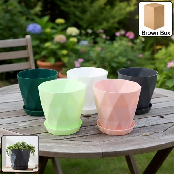 diamond design plastic flower pot set with drain tray (5 pc)