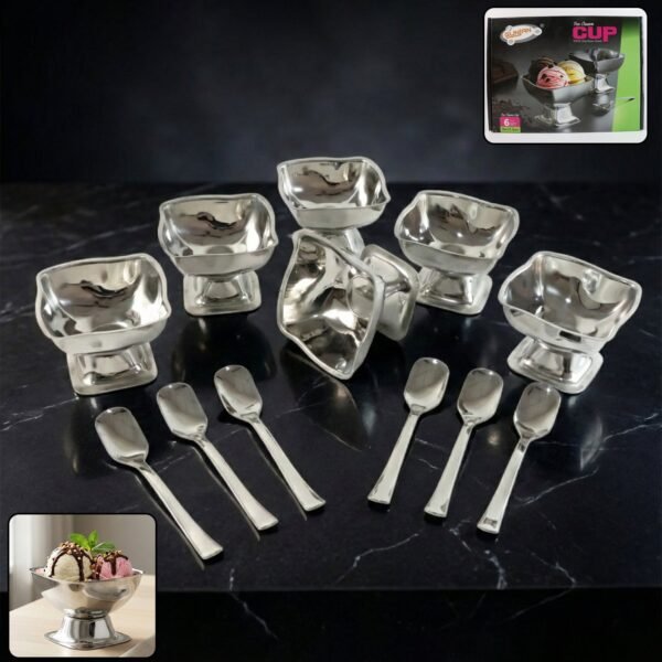 premium stainless steel ice cream cup with 6 spoon set (6 pc set)