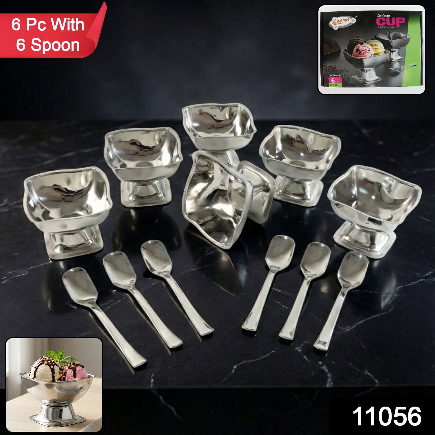 premium stainless steel ice cream cup with 6 spoon set (6 pc set) premium stainless steel ice cream cup with 6 spoon set (6 pc set)