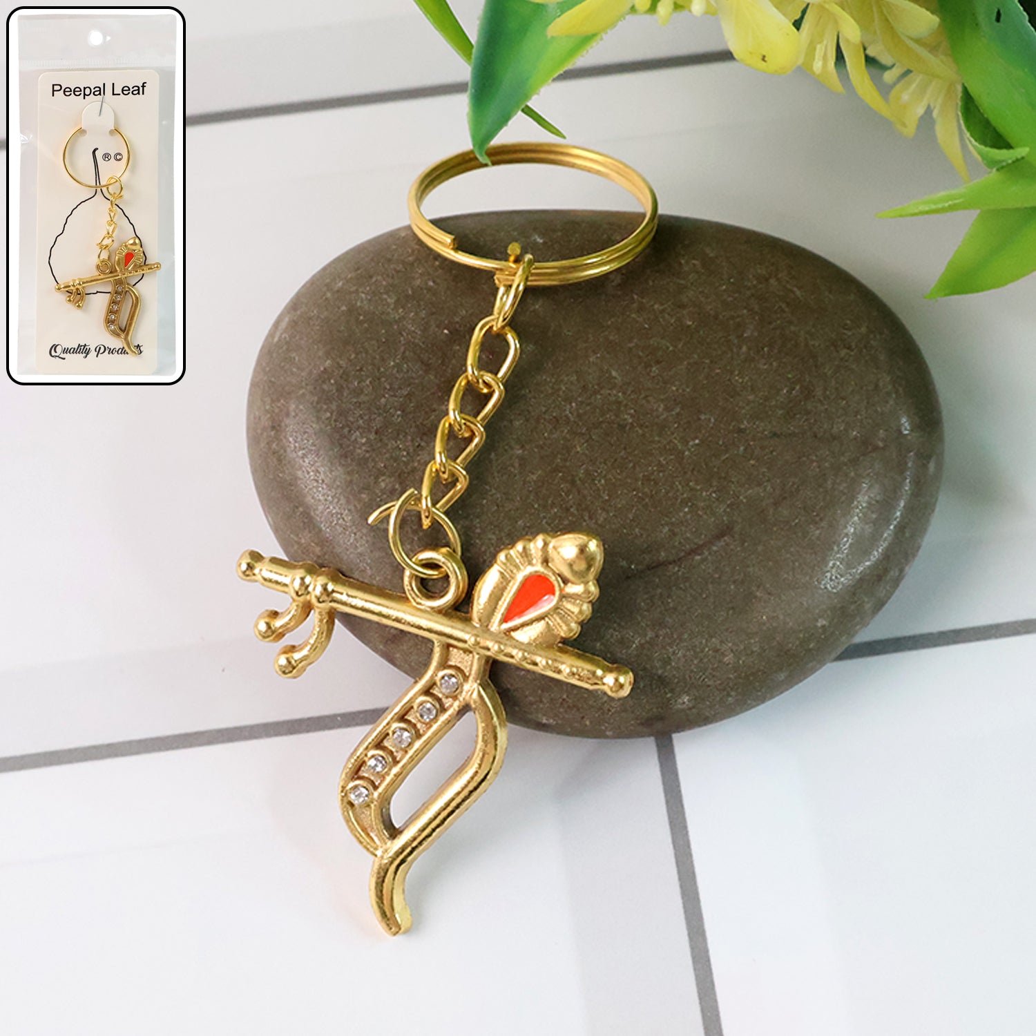 flute and peacock feather krishna design keychain (1 pc)