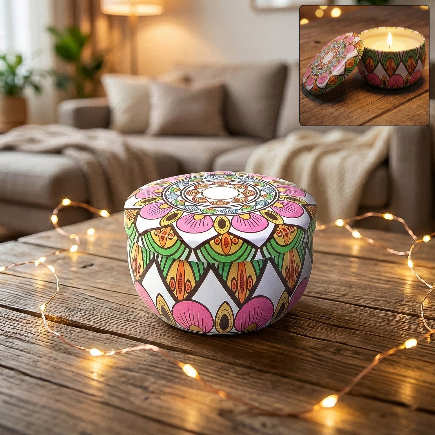 premium decorative mandala printed metal candle container (1 pc)