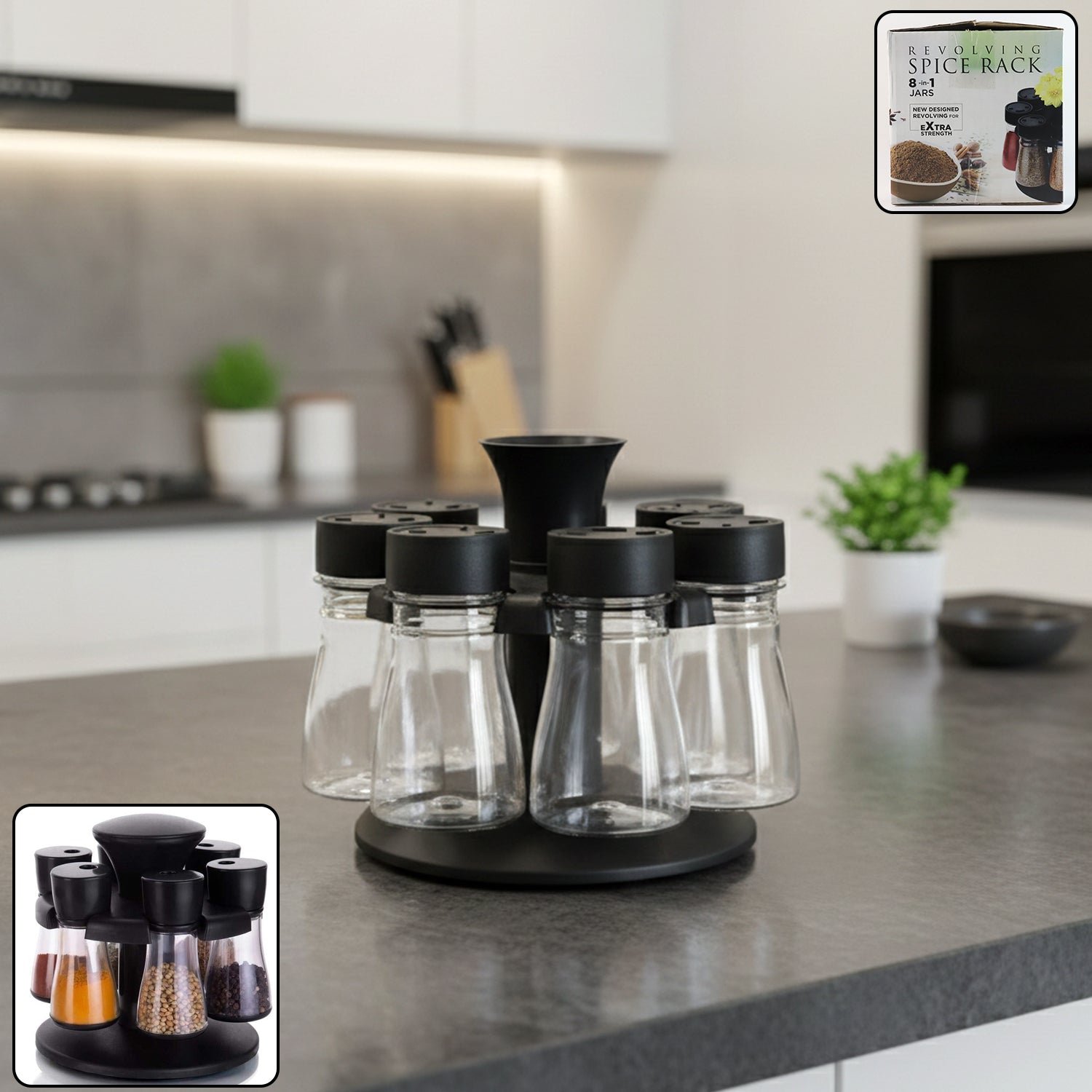 8 in 1 revolving plastic spice rack set with rotating stand