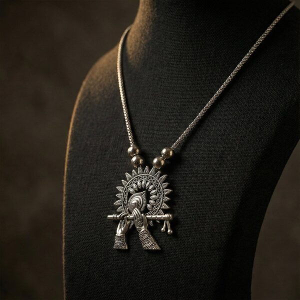 oxidised silver finish krishna flute pendant necklace (1 pc)