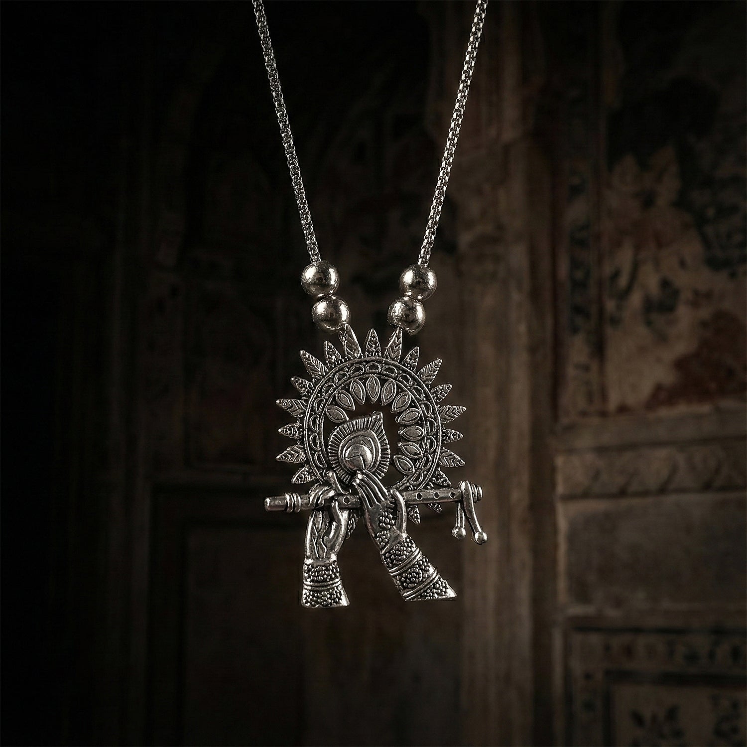 oxidised silver finish krishna flute pendant necklace (1 pc)