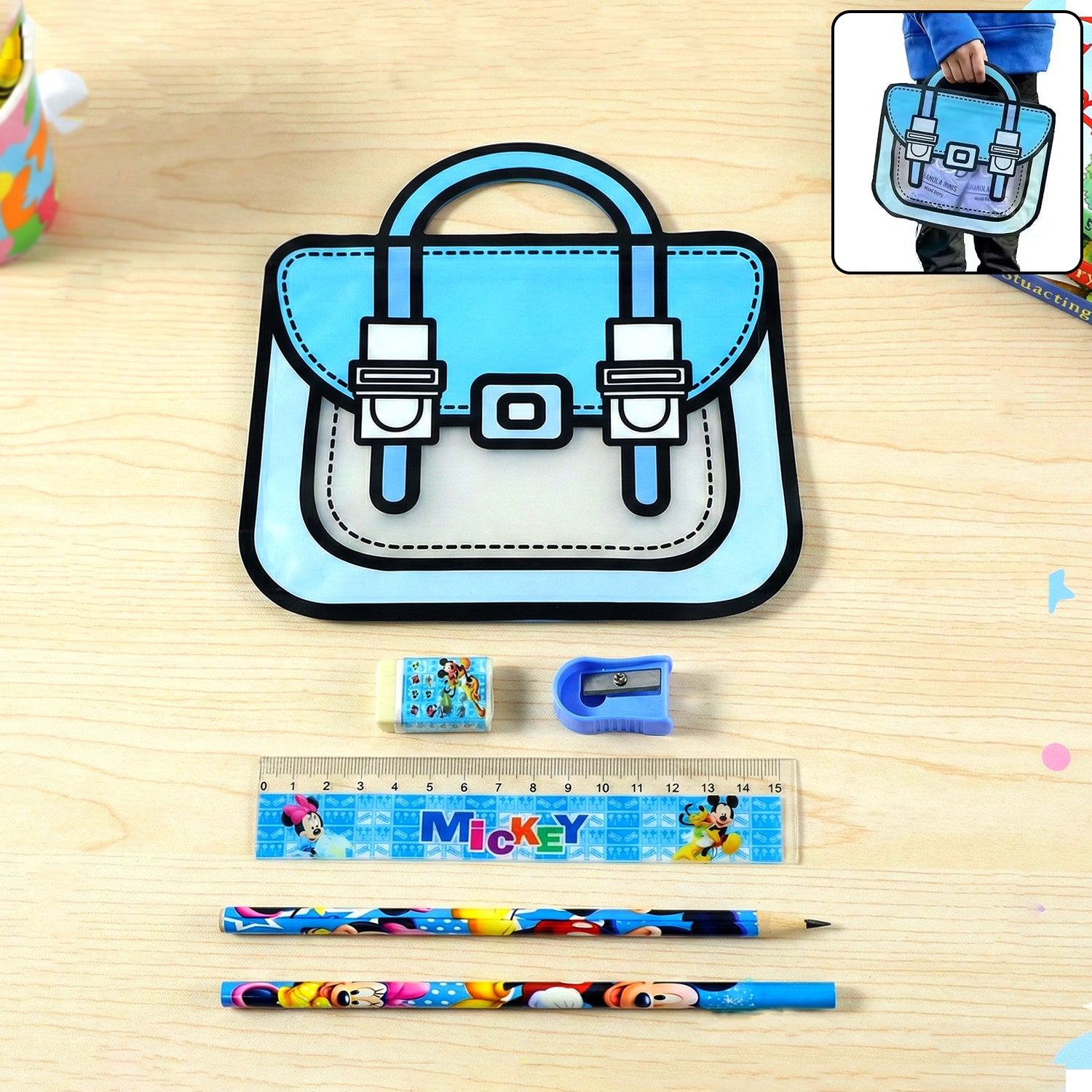 kids 5 in 1 stationery kit with cartoon style carry bag