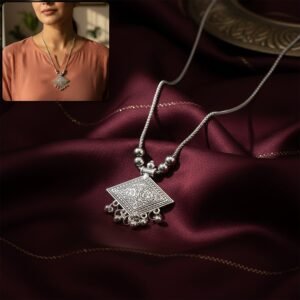 antique silver tone square floral motif oxidized pendant necklace (1 pc)