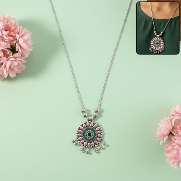 antique silver tone oxidized circular enamel pendant necklace (1 pc)