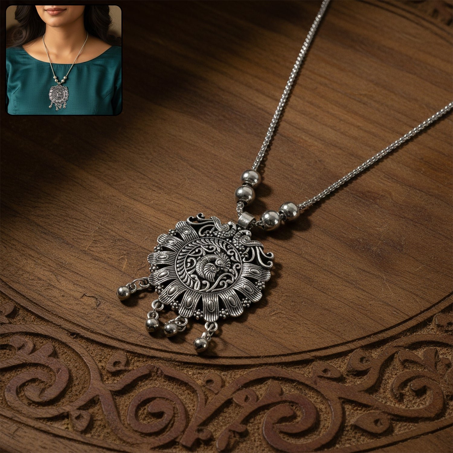 antique silver tone oxidized floral medallion pendant necklace (1 pc)